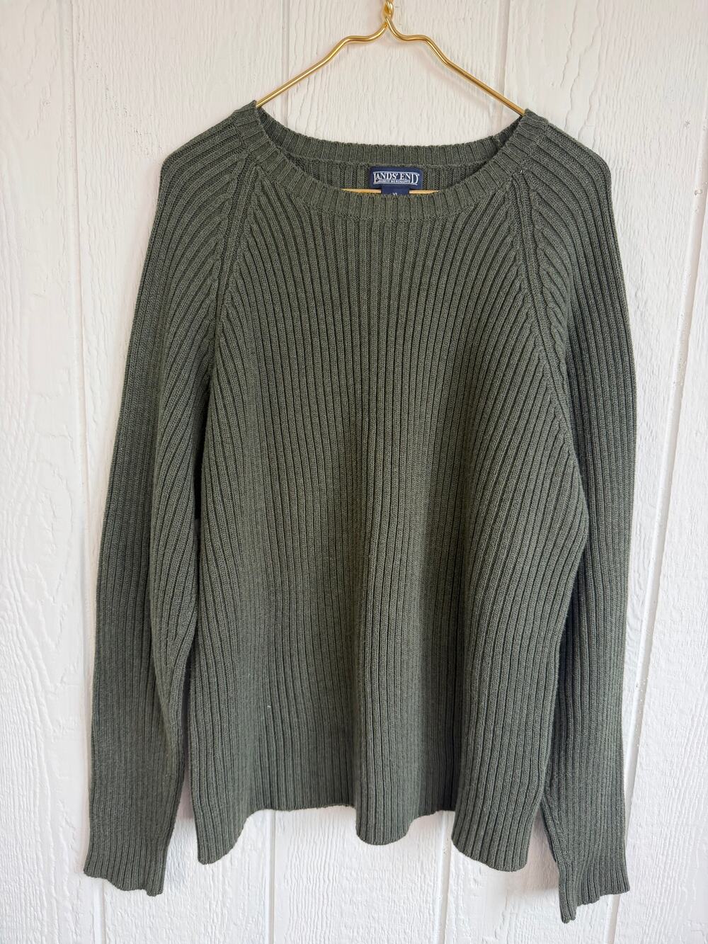 Vintage Lands End Sweater Mens XL Olive Green Ribbed Knit Made in USA